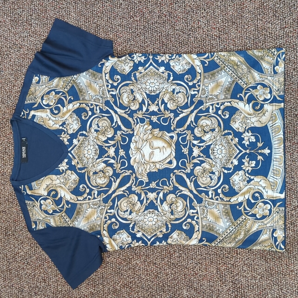 RARE Versace Jeans Couture Medusa Head Blue T Shirt with Gold Baroque